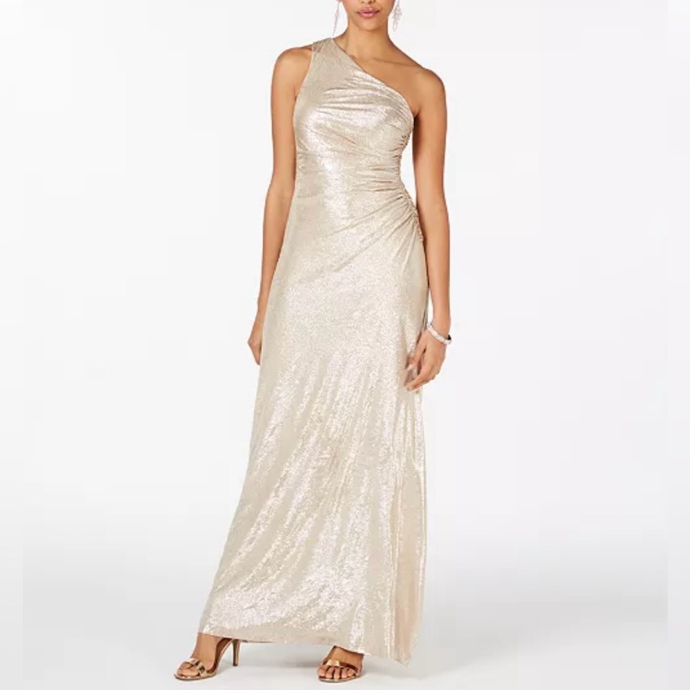 Calvin Klein one shoulder metallic gold prom dress/gown